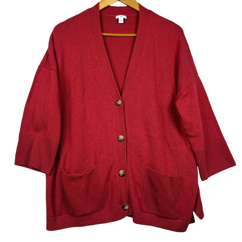 J Jill Women 3/4 sleeve Cardigan Sweater L Cotton Pockets Buttons Classic Preppy